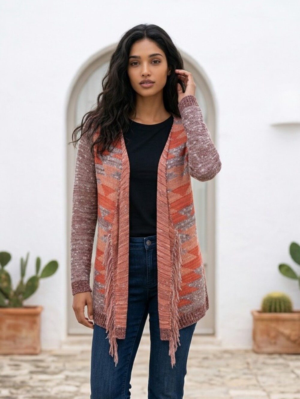 Maurices Aztec Fringe Cardigan Southwestern Waterfall Open Front Medium Drapey